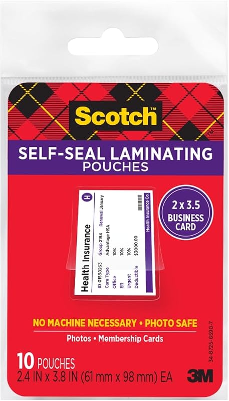 Self-Sealing Laminating Pouches, Business Card Size 2.4 in x 3.8 in, Great for Gift Tags, 10-Pack