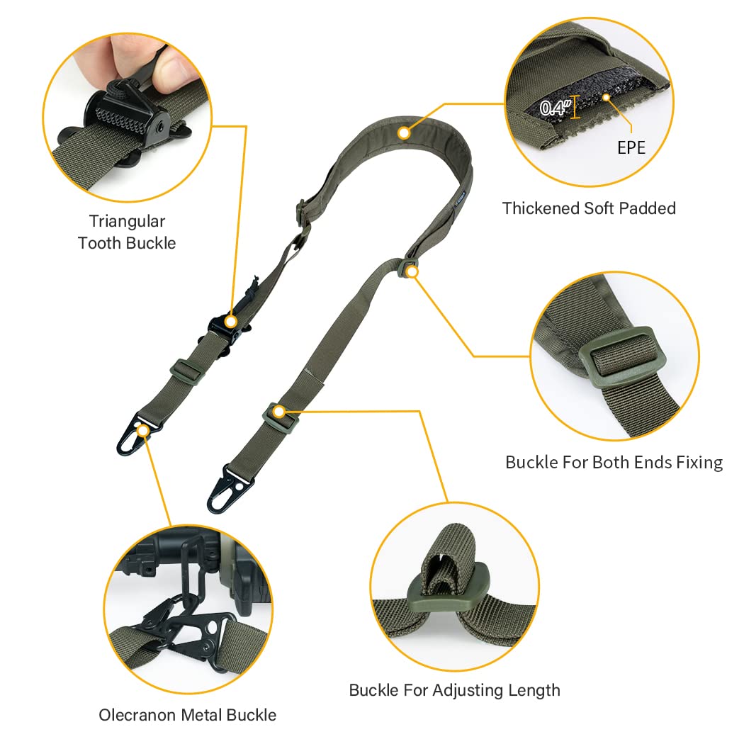 IDOGEAR Correa para Rifle Bandolera Bipunta Eslinga de 2 Puntos Eslingas Tradicionales Portafusiles Portafusiles con Ajustador de Longitud, Hombreras Engrosadas Ganchos de Metal