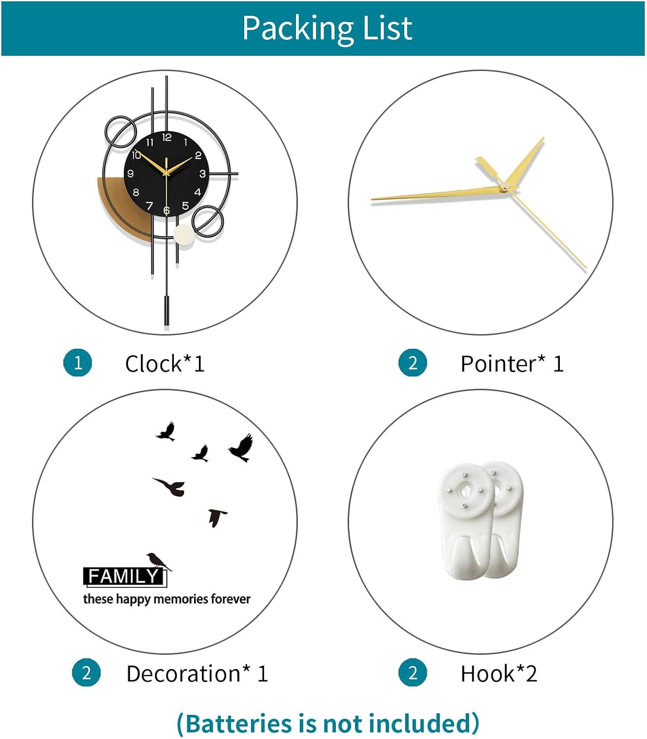 Large Wall Clock Decorative Pendulum Wall Clock Battery Operated Silent Quality Quartz Black Modern Clock for Living Room,Bedroom,Kitchen,Dining Room,Office,School,Home Decor,12.9x22.8inch