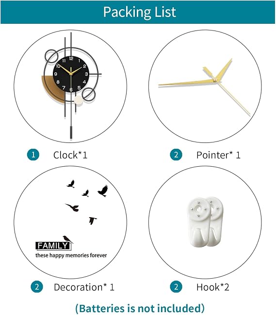Large Wall Clock Decorative Pendulum Wall Clock Battery Operated | Analog Silent Quartz Black Modern Clock for Living Room,Bedroom,Kitchen,Dining Room,Office,School,Home Decor,12.9x22.8 inch