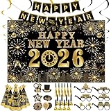 Diseño Festivo Año Nuevo: Nuestro Decoración fiesta Año Nuevo 2026 usar única y brillante con tema negro y dorado, lo que contribuye a una atmósfera festiva. El negro y el oro pueden agregar una gran atmósfera a su hogar, nada es tan glamoroso como una fiesta temática en negro y oro. Perfecto para celebraciones como la víspera de Año Nuevo, puede traerle una nueva sensación de fiesta.