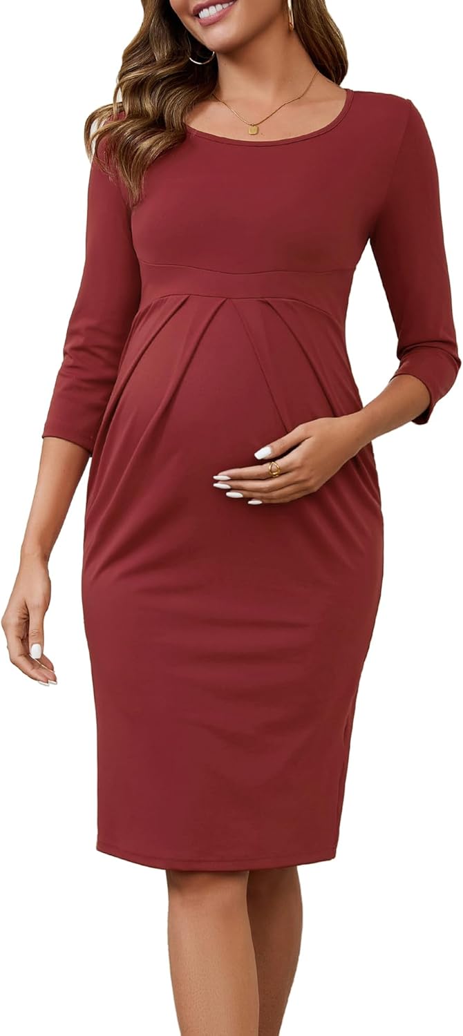 Women's Work Maternity Dresses Semi Formal 3/4 Sleeves Front Pleated Office Pregnancy Business Dress