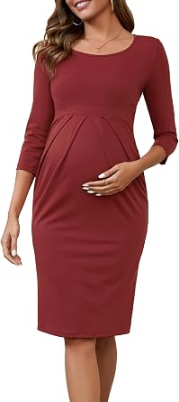 Womens Maternity Work Dresses Semi Formal 3/4 Sleeves Office Workwear Front Pleated Pregnancy Business Dress