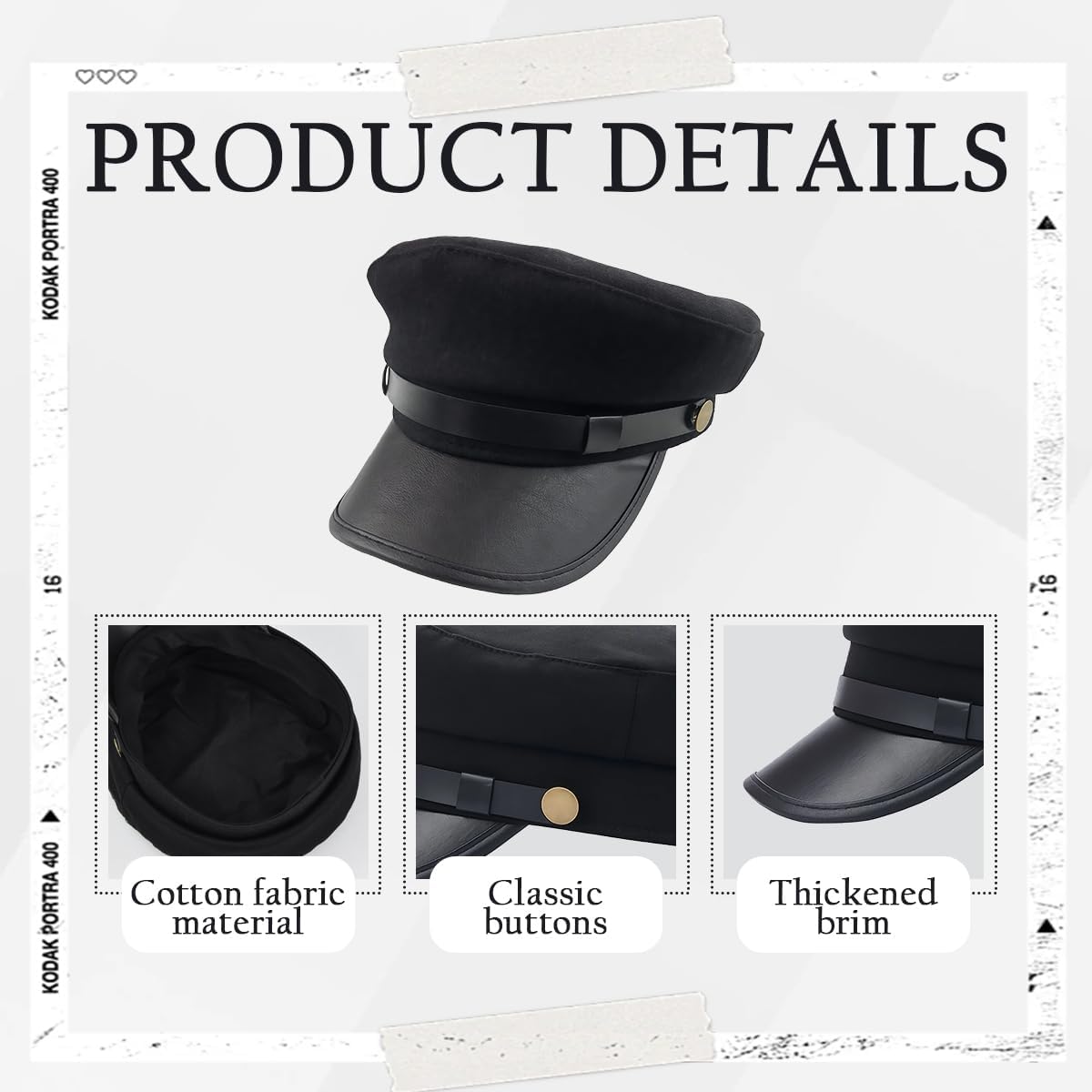 Black Cotton Classic Chauffeur Hat for Men and Women Captain Sailor Hat PU Leather Beret Hat Newsboy Cap Fiddler Hat Fisherman Hat - Image 3