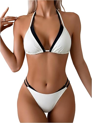 MakeMeChic Women's Double Layer Triangle Thong Bikini Sets Halter High Leg Swims