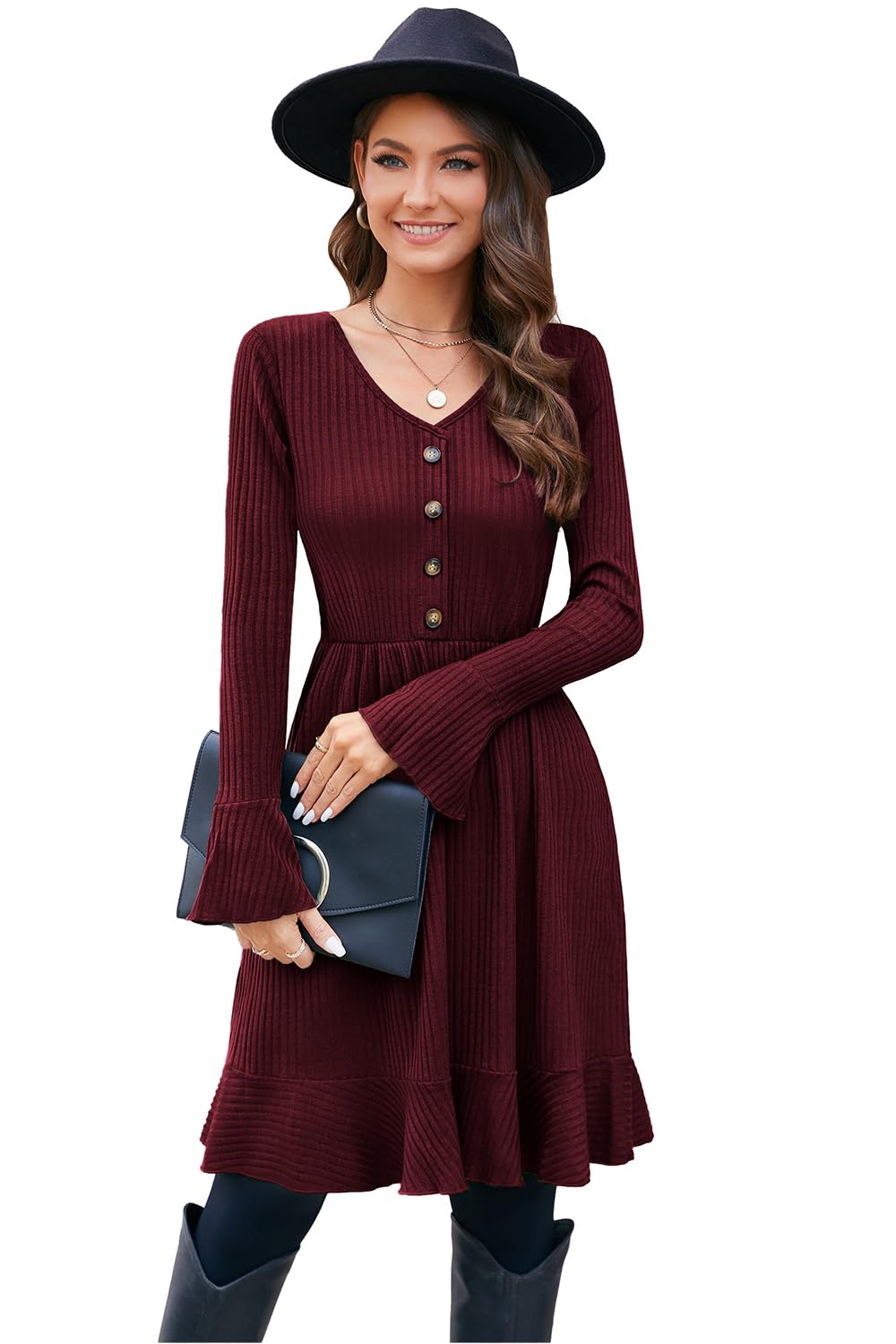 ULTRANICE Robe en Maille pour Femme Col en V avec Boutons Décoratifs pour L'automne et l'hiver