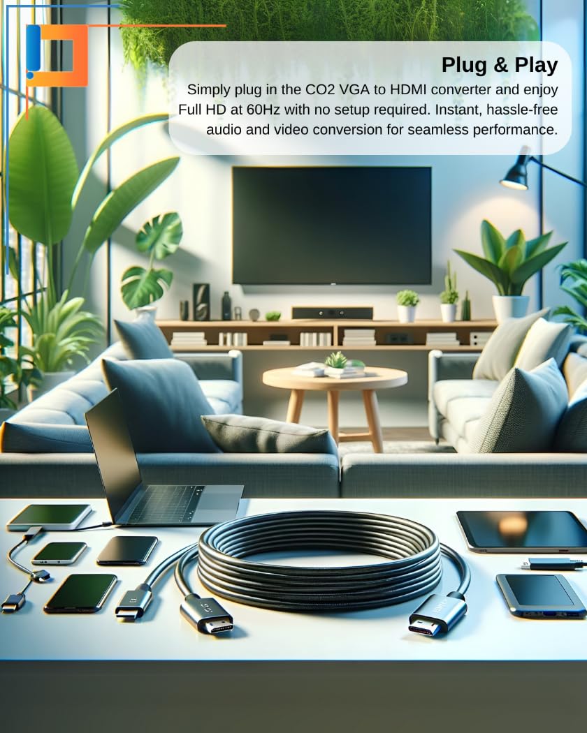 CO2 Kabel VGA D-SUB do HDMI 2K/60Hz z Audio Mini Jack, Full HD 1080p, Plug & Play, Pozłacany, Adapter jednokierunkowy, Konwerter, Kompatybilny z Monitorami, Projektorami, Aluminium Space Gray (3m)