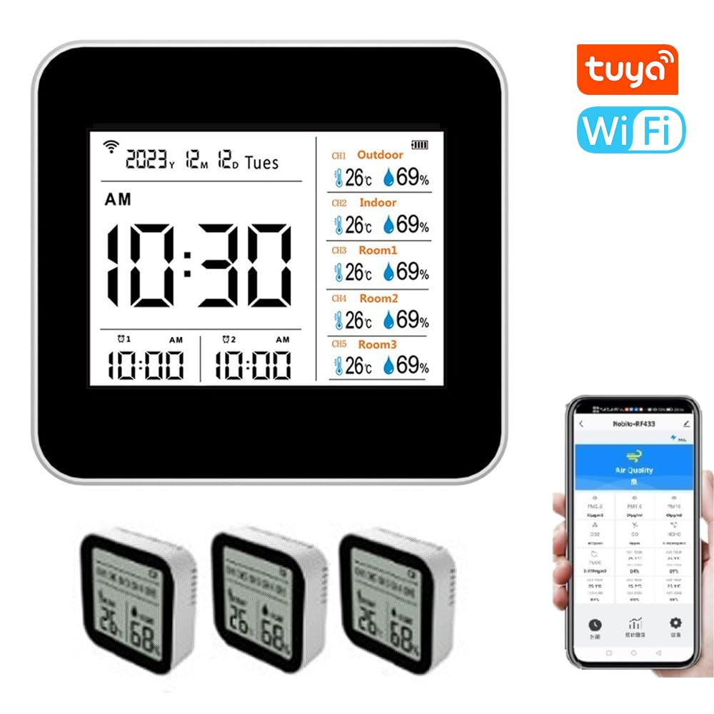 Termometro Igrometro Smart WIFI per Ufficio Domestico, Monitoraggio in Tempo Reale Indicatore di umidità della Temperatura 13 in 1 con Display Ora/allarme, Materiale ABS Bianco (con 3