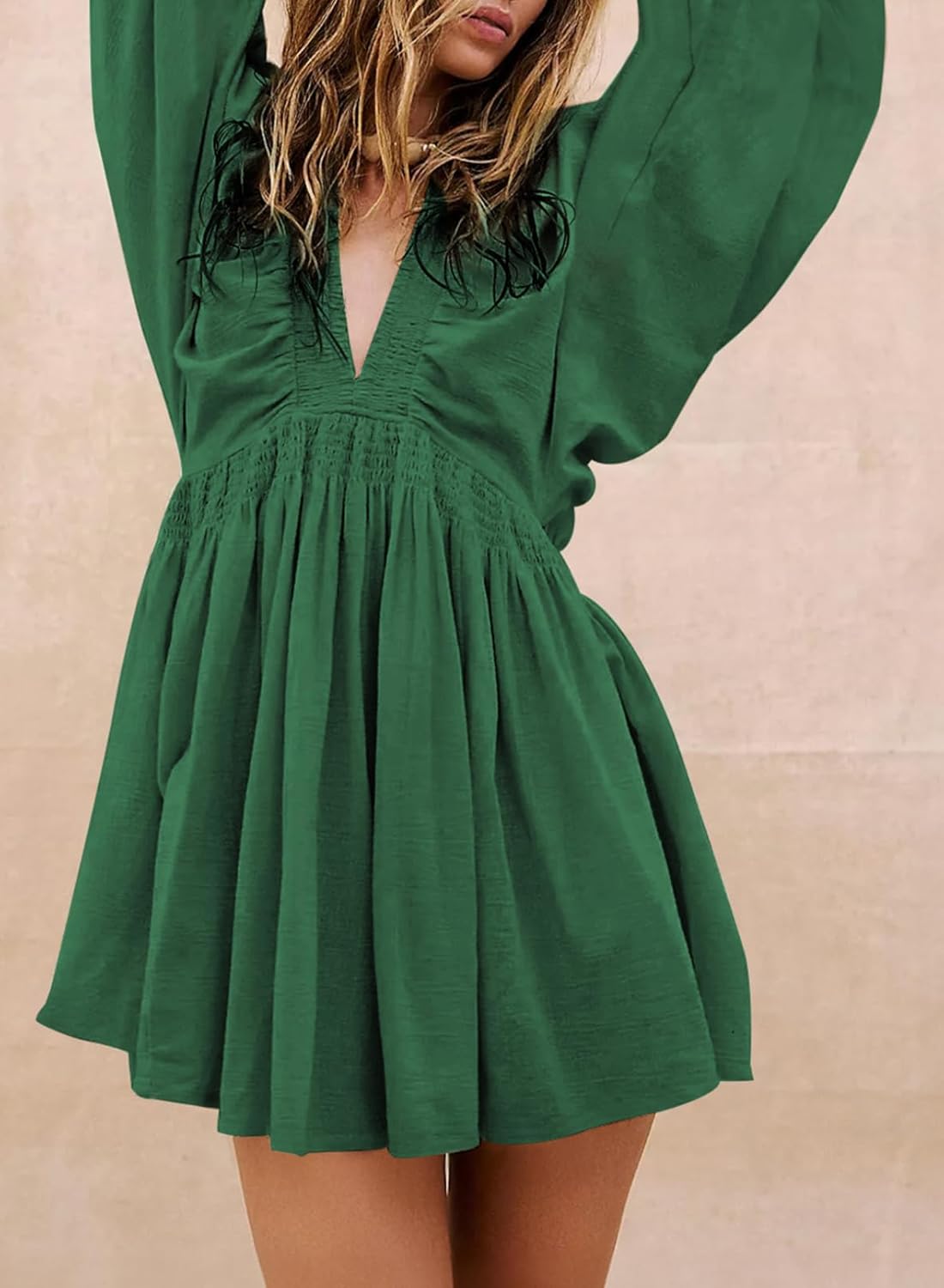 Acelitt Womens Spring Long Sleeve V Neck Casual Loose Flowy Ruffle A Line Babydoll Mini Dress Beach Vacation Outfits - Image 3