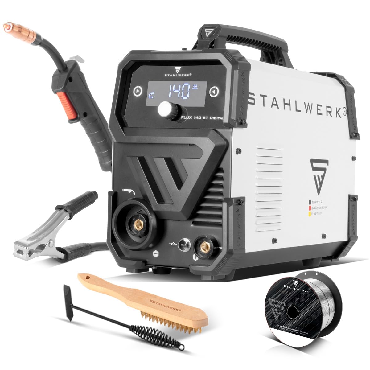 STAHLWERK Schweißgerät FLUX 140 ST Digital – Fülldrahtschweißen ohne Schutzgas bis 140 A, kompakt, synergischer Drahtvorschub, integriertes LED-Licht, Lift-TIG- & MMA-Funktion (E-Hand/ARC), IGBT
