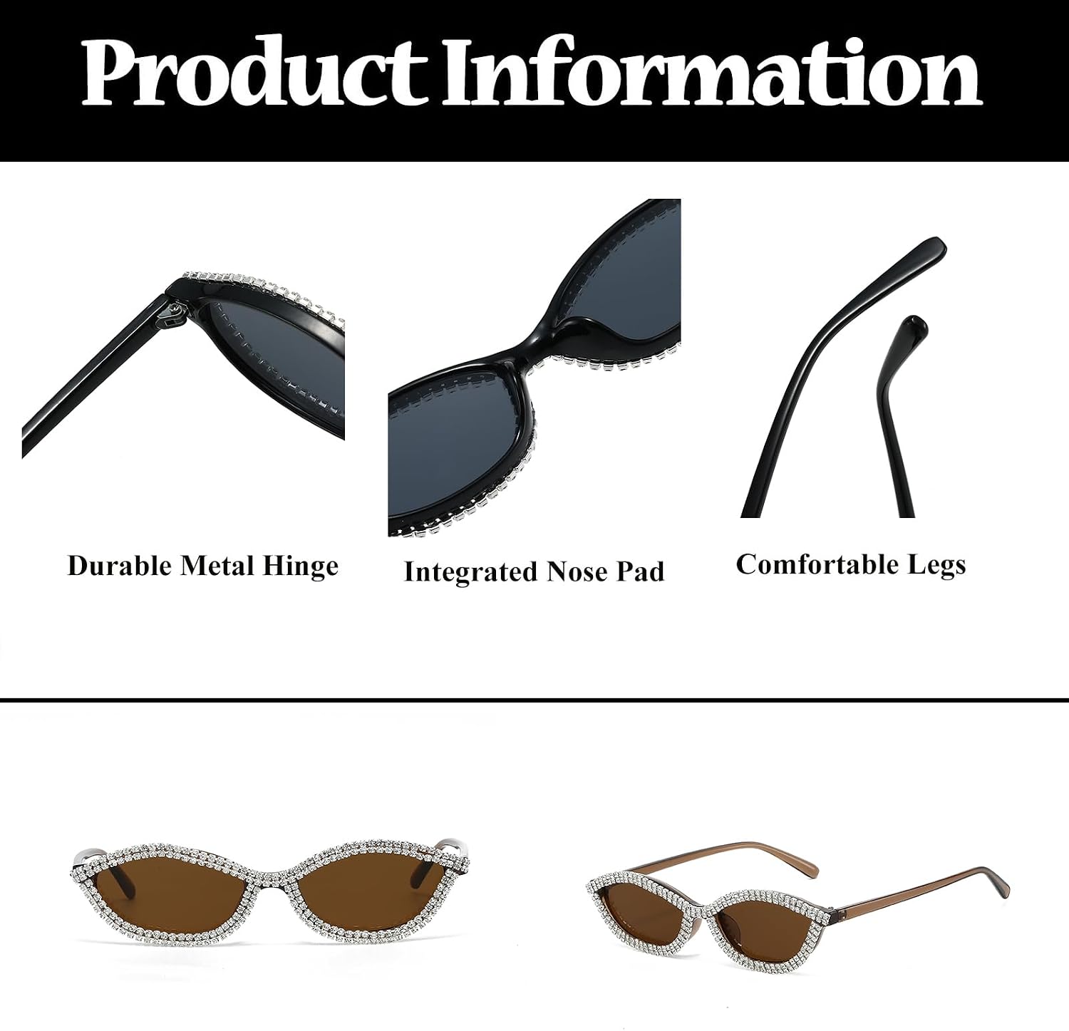 LJCZKA Rhinestone Cat Eye Oval Sunglasses for Women Retro Small Diamond Sunglasses Jeweled Frame Bling Costume Party Shades