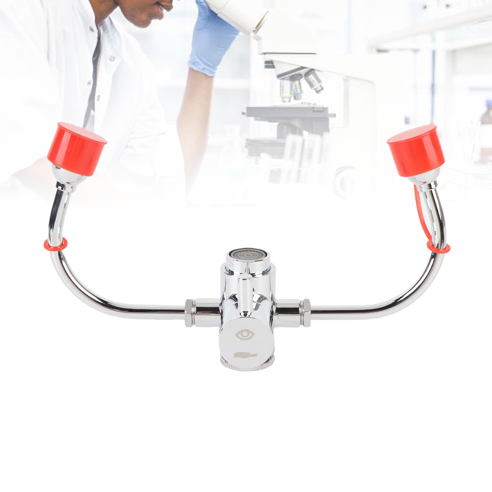 Jiawu Estación de Lavado de Ojos Montada en Grifo con Cubierta, Unidad de Lavado de Ojos de Emergencia para Laboratorio, Industria, Oficina, Escuela, Adaptadores M24 M22 M20, Latón Macizo Cromado y
