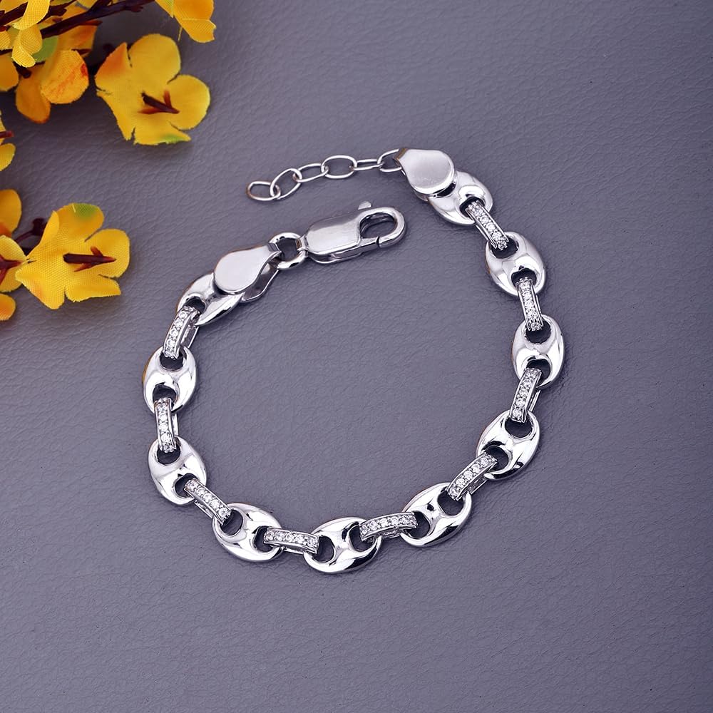 Vanbelle Sterling Silver Jewelry - Rhodium Plated with 925 Stamp - Coffee Bean Chain Bracelet with Cubic Zirconia Stones - Beautifully Handcrafted for Women - 7.5" Long - Image 7