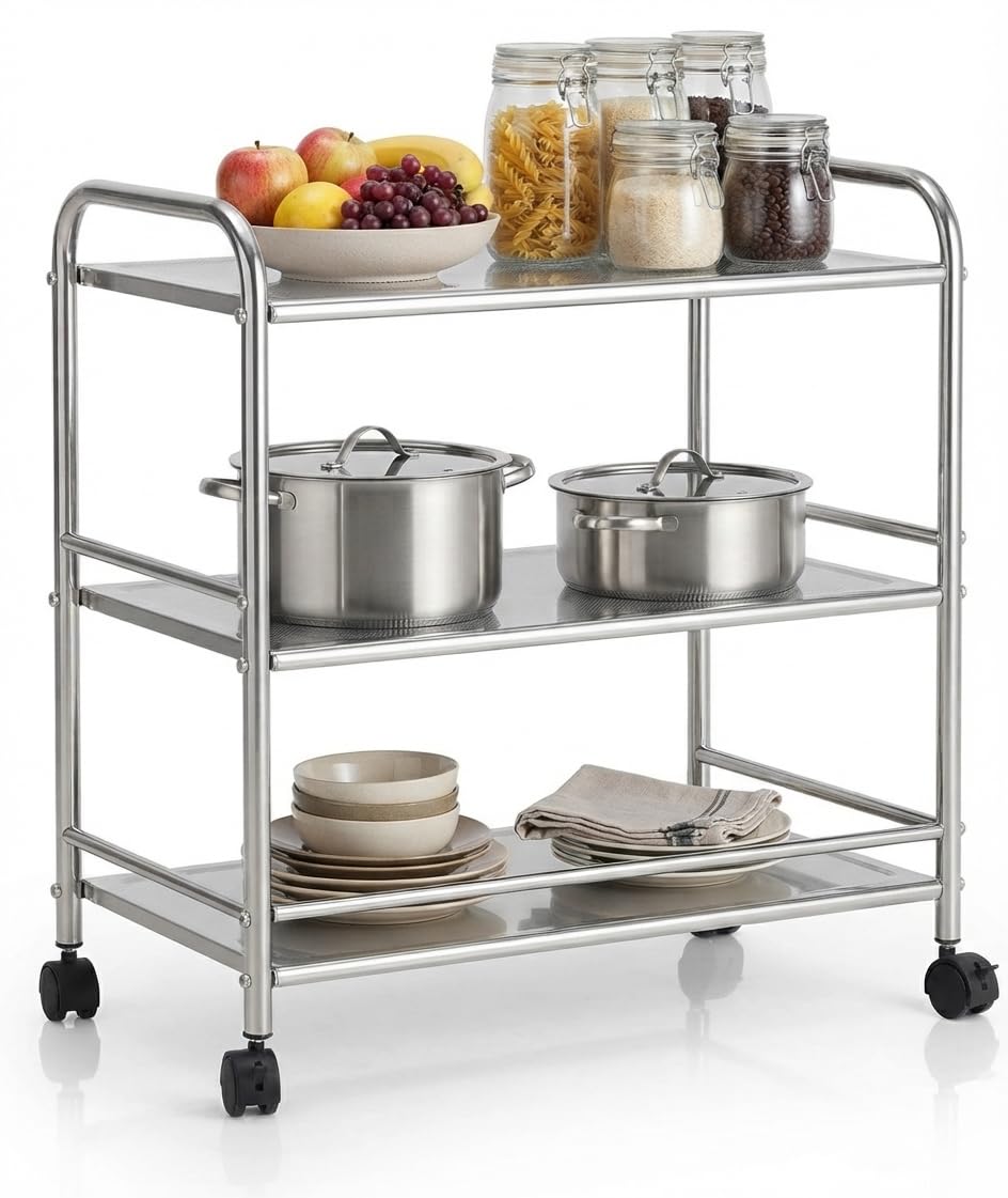 Carro Multifuncional de Acero Inoxidable 201 - Carro Comercial de 3 Niveles con Ruedas Bloqueables | Estantería Industrial para Cocina