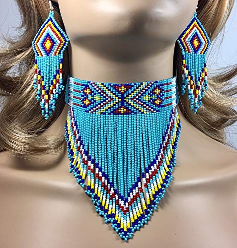 Native Style Seed Beads Beaded Choker Bib Statement Necklace (Blue) #TOP2