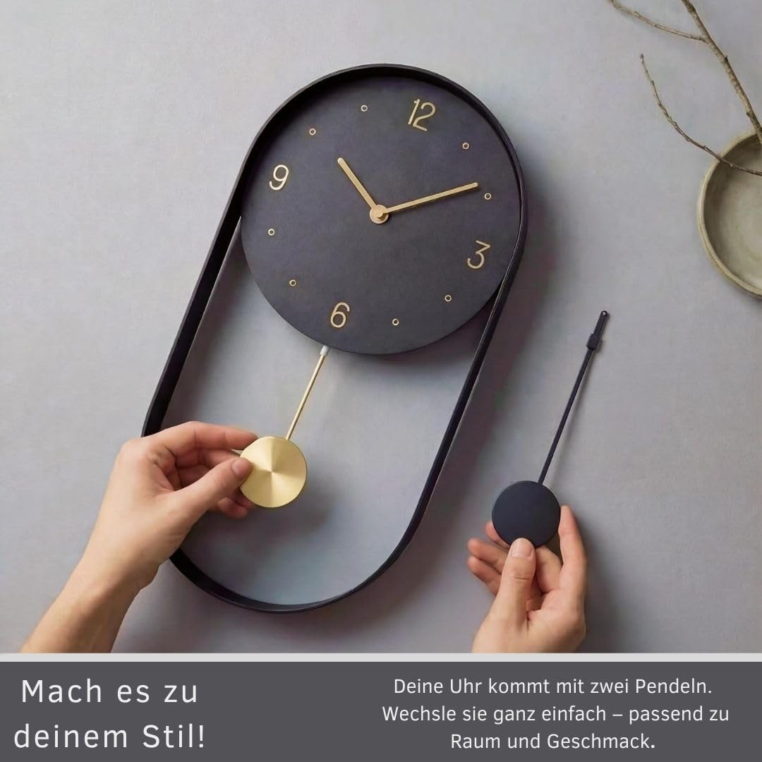 Moderne Wanduhr mit geräuschlosem Pendel - 2 Pendel inkl., Minimalistisches Design in Schwarz, geräuschloses Uhrwerk, Premiumverpackung - für Wohnzimmer, Küche, Büro