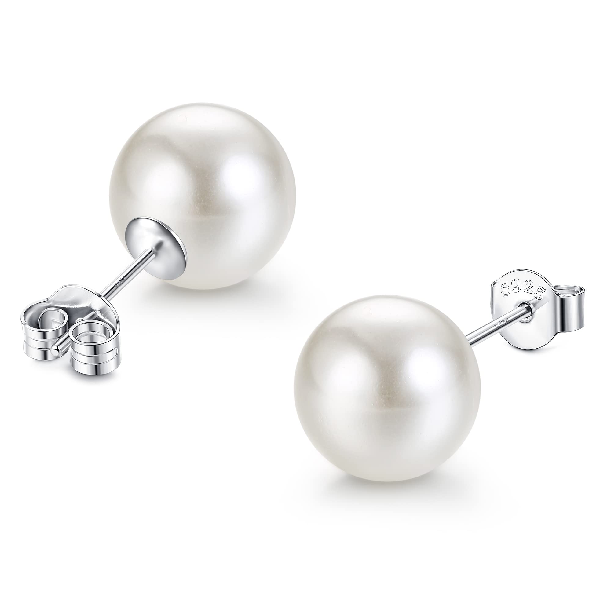 JeweBella Pendientes Perla para Mujer Niñas Plata de Ley 925 Hipoalergénicos Elegantes Pendientes Blancas Perla 5mm/8mm/10mm/12mm