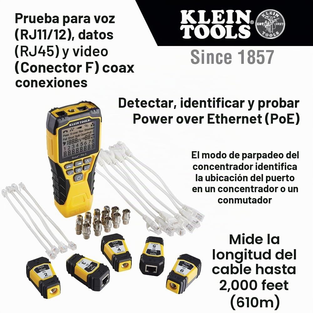 Klein Tools VDV501-853 | Probador De Cables Scout Pro 3 Test + Map Con Mandos | Prueba Y Medida Datos Telefonia Y Video | Medida Longitud Hasta 610 M | Pantalla LCD Retroiluminada