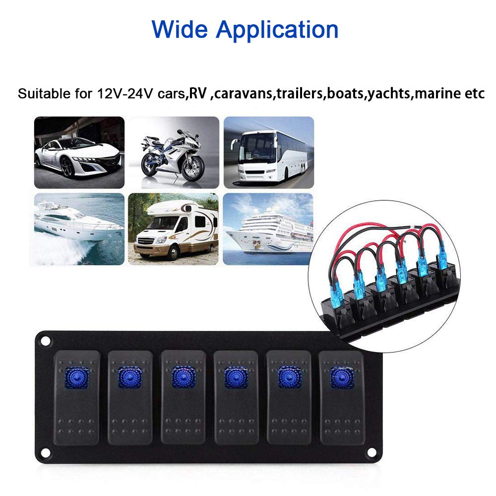 Geloo Pannello Interruttori 6 Gang, 12 V 24V Impermeabile Pannello Controllo Interruttori con a Levetta LED per Auto Barca Camper (Blue)