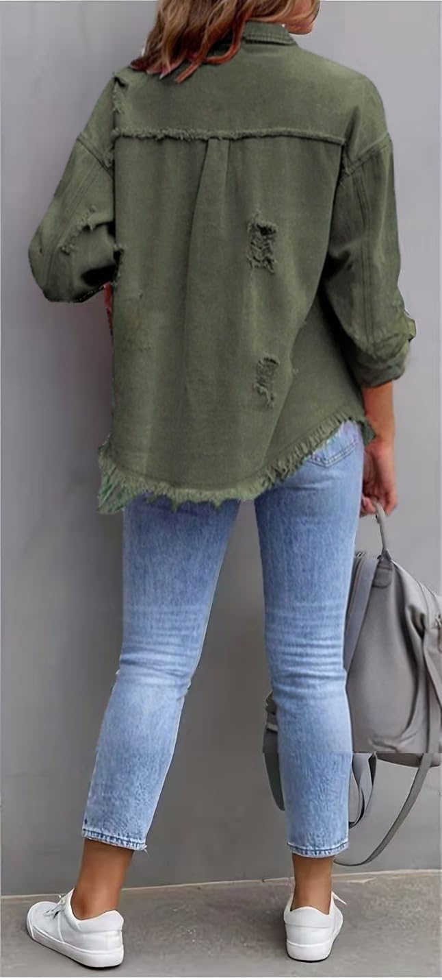 Women's Casual Ripped Denim Jacket Oversized Long Sleeve Button Down Raw Hem Distressed Jean Jackets - Image 4