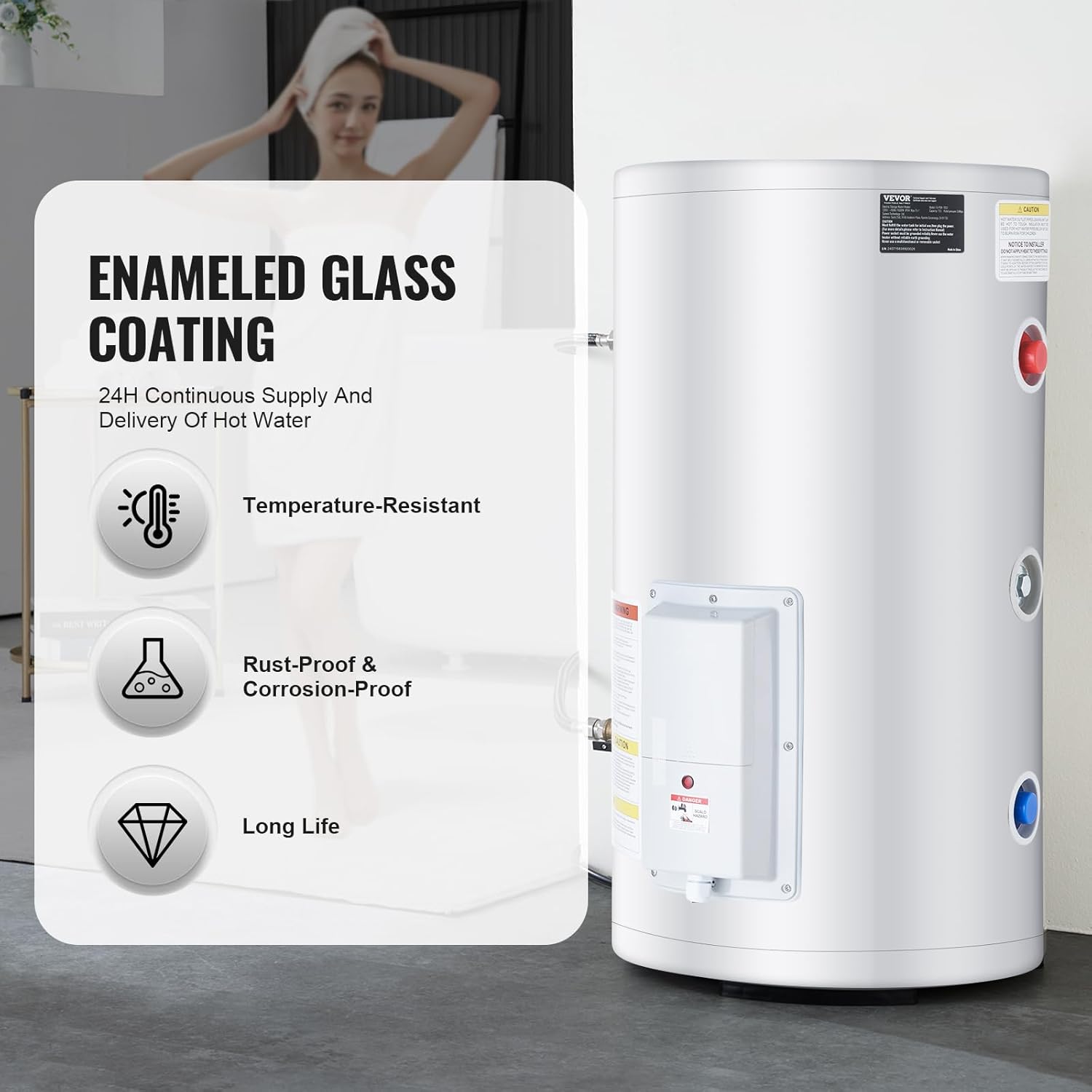 VEVOR Electric Water Heater, 18 Gallon Tank Instant Hot Water Heater, 1.6Kw Tankless Water Heater w/LED Display,Knob Control, IPX4 Waterproof Side Connection On Demand Heaters for Shower, Bath
