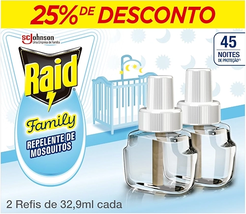 Raid Repelente Eletrico Líquido Family, 45 Noites, 2 Refis de 32,9ml