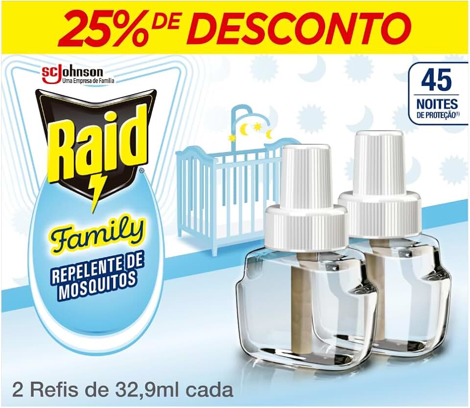 Raid Repelente Eletrico Líquido Family, 45 Noites de Proteção, 2 Refis de 32,9ml
