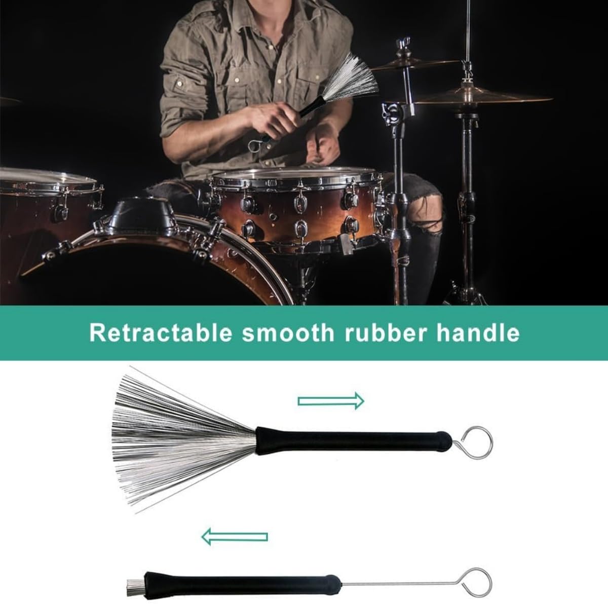 Balais à Percussion,1 Paire Brosses à Tambour Rétractable Brosses à Tambour avec Poignées en Caoutchouc Confortables pour Batterie Jazz