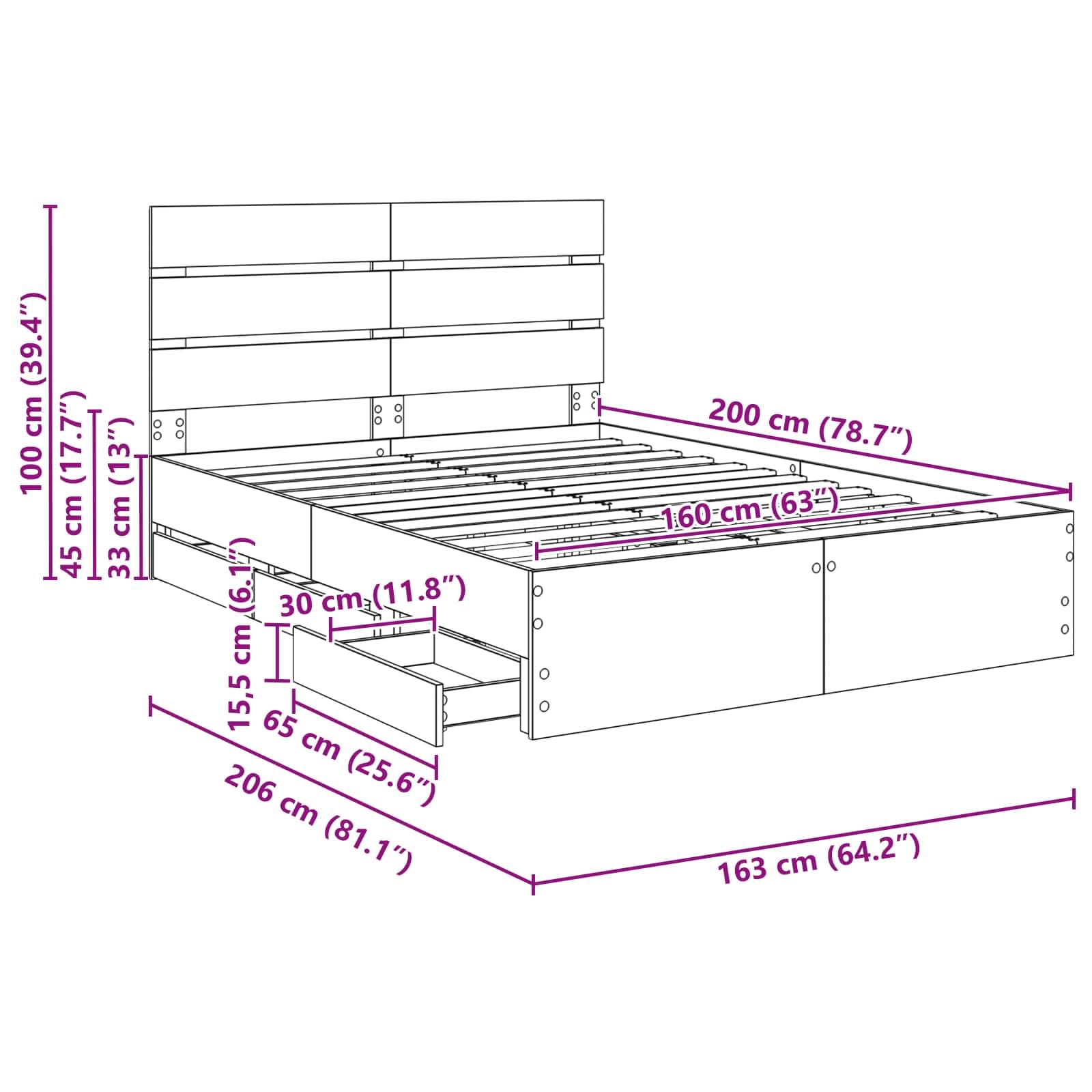Cadre de lit avec tête de lit gris béton, 160 x 200 cm, en bois d'ingénieur, cadre de lit stable avec compartiments de rangement intégrés, moderne, pour un sommeil confortable
