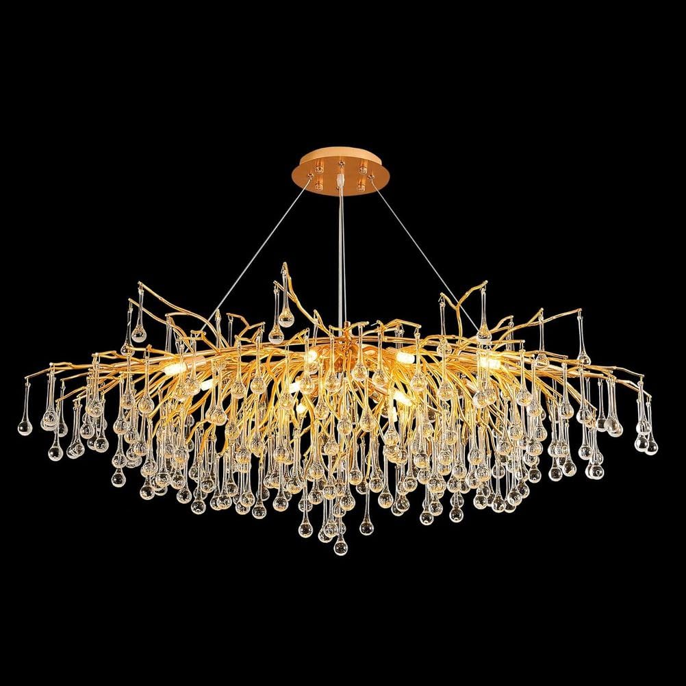 KXEcoLife Modern Crystal Raindrop Chandelier, Height Adjustable Linear Rectangle Art Deco Tree Branch Lighting Fixture for Living Room Kitchen Island Foyer Staircase,L120cm