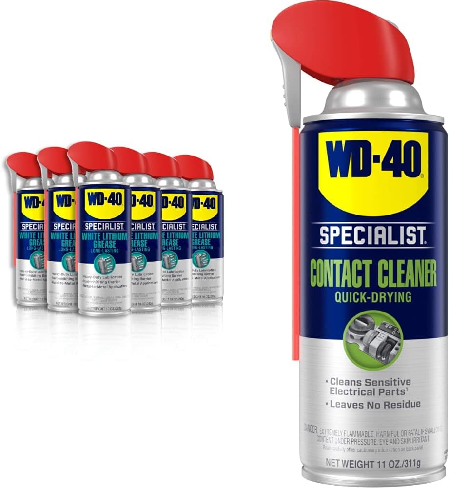 Specialist White Lithium Grease Spray with Smart Straw Sprays 2 Ways, 10 OZ [6-Pack] & Specialist Contact Cleaner Spray, 11 oz.