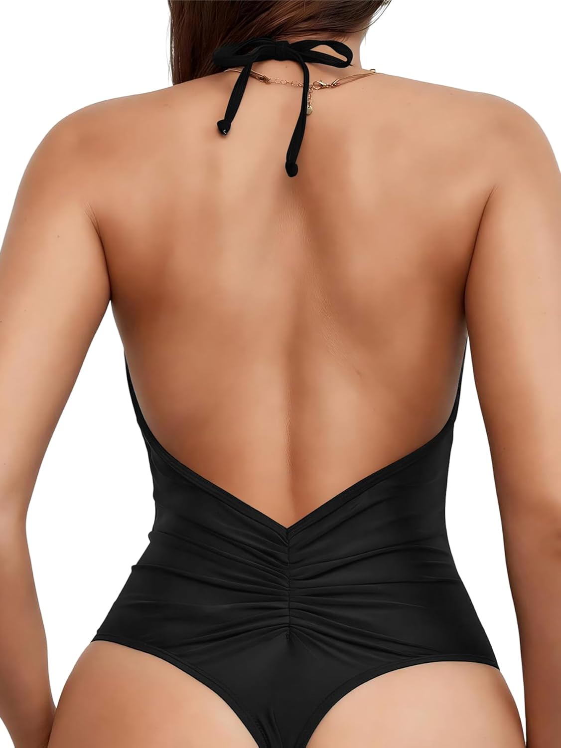 Sexybody Women' s One Piece Sexy Swimsuits Halter Tie Back V Neck Low Back Bathing Suit Ruched Butt High Cut Swimsuit Thong 146 Black Large