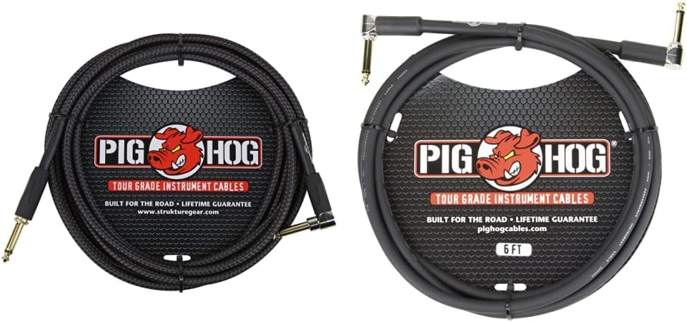 Pig Hog PC-H10BKR 1/4" Right-Angle to 1/4" Black Woven Guitar Instrument Cable, 10 Feet & PH6RR High Performance 8mm Right-Angle 1/4" Guitar Instrument Cable, 6 Feet