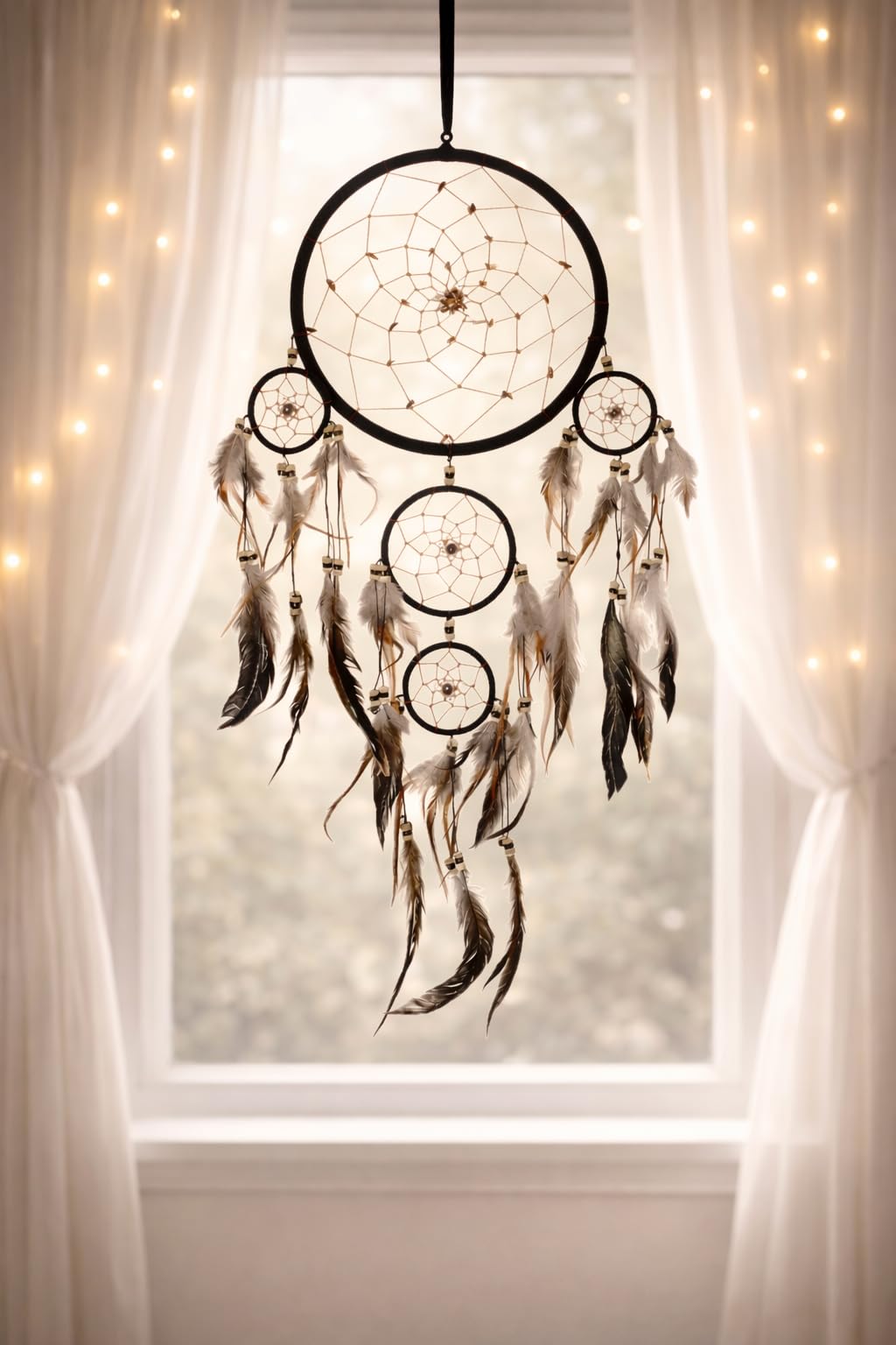 OMA Schwarzer Traumfänger, Wandbehang mit Tigeraugen-Steinen und Federn, schwarzes Wildleder, traditioneller Traumfänger, Boho, Heimdekoration, Schlafzimmer, Dekoration, Geschenk, große Größe – 71,1