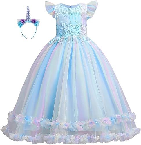 Miniatura 7 de HOIZOSG Vestido de tul arcoíris de unicornio para niñas, vestido de princesa para cumpleaños, Halloween, Navidad, concurso, baile, fiesta, baile con