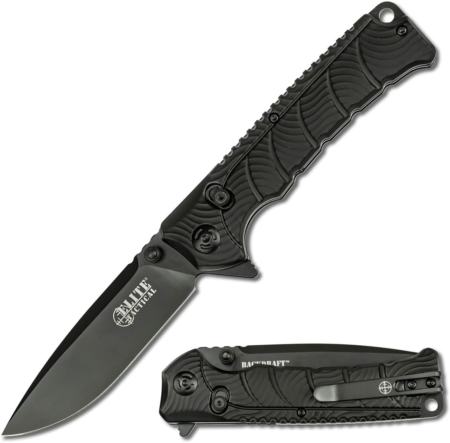 Elite Tactical - Manual Folding Knife w/D.L.M. - BACKDRAFT - Fine Edge Drop Point Blade, 8Cr13 Steel, Ball Bearing Pivot, Nylon Fiber Handle w/Reversible Deep Carry Pocket Clip, EDC - ET-FDR011BK