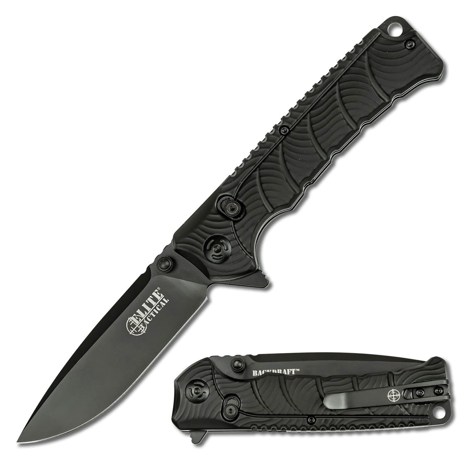 Elite Tactical - Manual Folding Knife w/D.L.M. - BACKDRAFT - Fine Edge Drop Point Blade, 8Cr13 Steel, Ball Bearing Pivot, Nylon Fiber Handle w/Reversible Deep Carry Pocket Clip, EDC - ET-FDR011BK