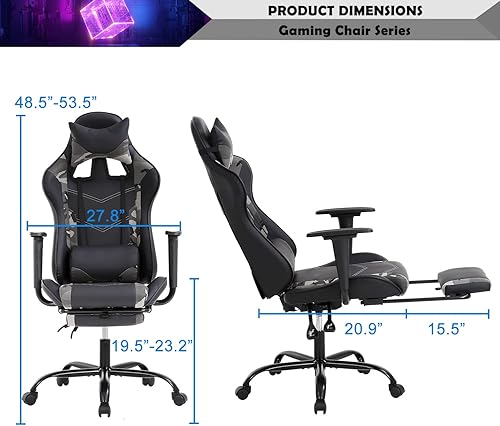 Miniatura 23 de Silla de juegos de estilo de carreras, silla de escritorio ergonómica con reposacabezas y soporte lumbar, respaldo alto, silla reclinable de