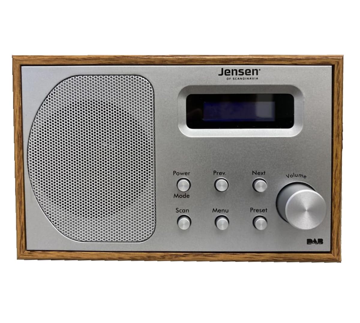 Jensen Fox Wood Mono Radio | Kompaktes, tragbares FM/DAB Küchenradio für Zuhause und Unterwegs mit Wecker Funktion | Holz Design