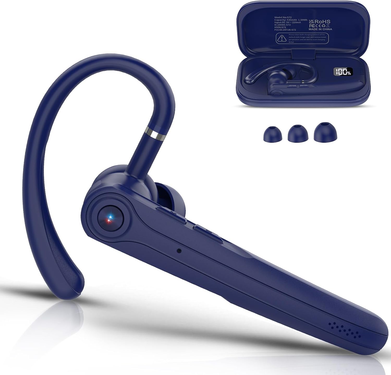 Bluetooth Headset, Wireless Bluetooth Earpiece with ENC Noise Canceling Mic, 120Hrs Talk Single-Ear Headphones, LED Display, IPX7 Waterproof Hand-Free Earphone for Business/Trucker/Driver, Blue Bluetooth Headset, Wireless Bluetooth Earpiece with ENC Noise Canceling Mic, 120Hrs Talk Single-Ear Headphones, LED Display, IPX7 Waterproof Hand-Free Earphone for Business/Trucker/Driver, Blue