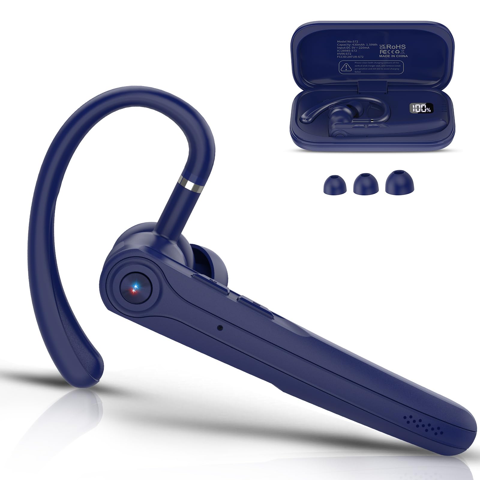 Bluetooth Headset, Wireless Bluetooth Earpiece with ENC Noise Canceling Mic, Talk Single-Ear Headphones, Waterproof Hand-Free Earphone for Business/Trucker/Driver, Blue