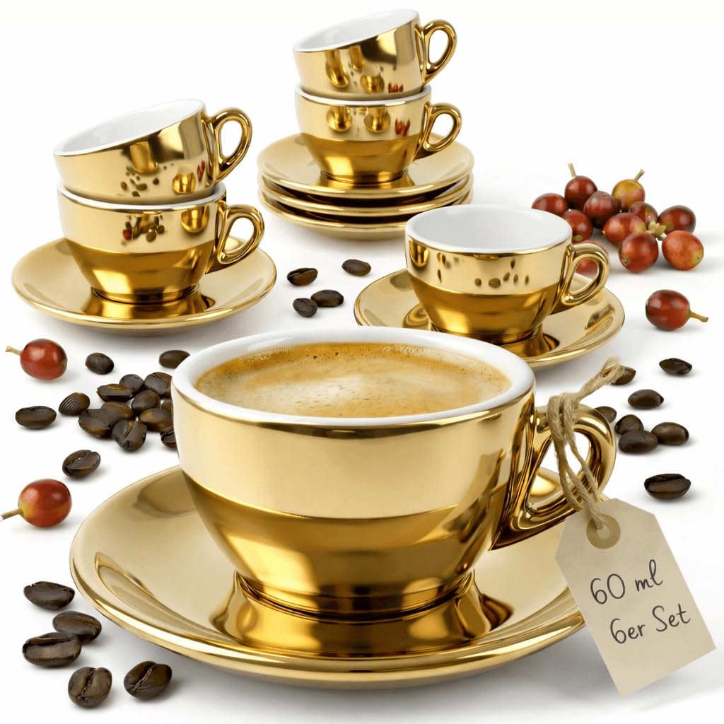 6 x filiżanki do espresso 60 ml | złoty - chrom | styl włoski | grube ścianki i ciężkie | zestaw 6 filiżanek do espresso ze spodkami - zestaw upominkowy