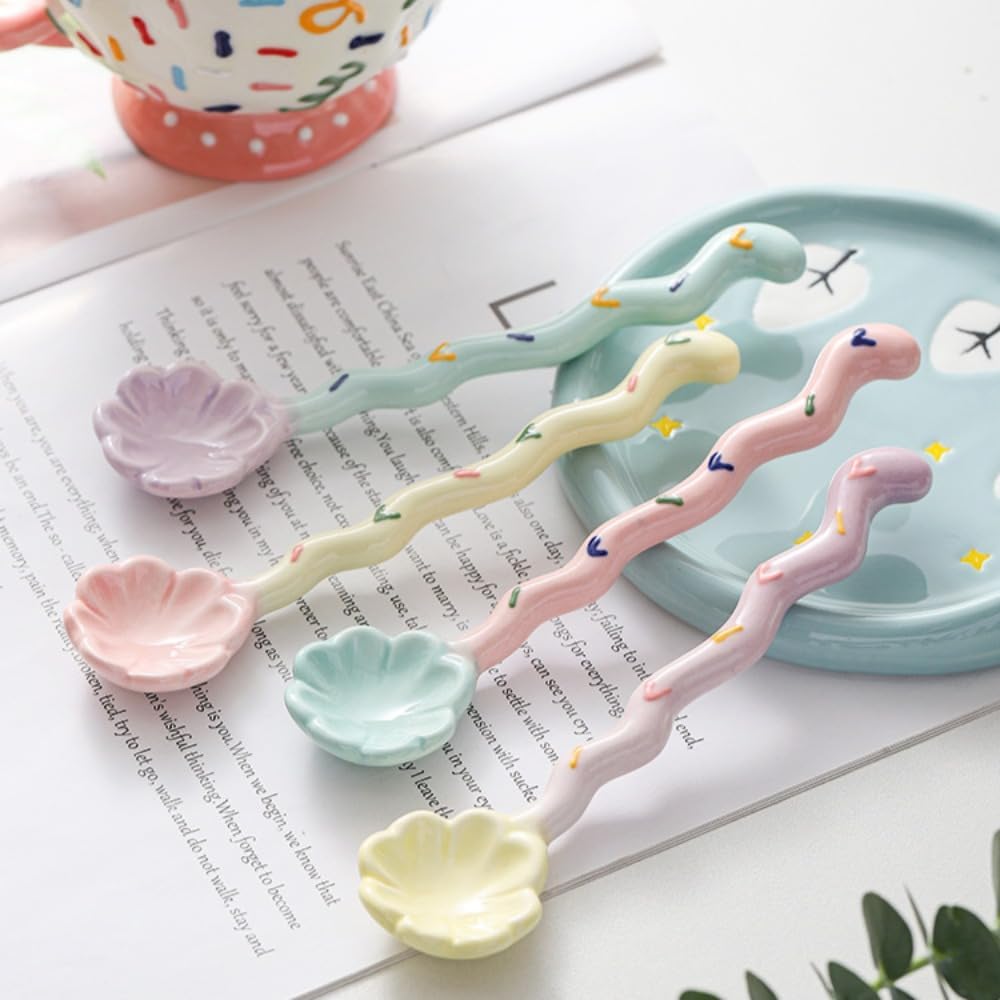 (4 Pieces) Macaron Cute Ceramic Long Handle Spoon Household Dessert Spoon Stirring Spoon Coffee Spoon Ice Cream Spoon (Yellow), SZ-TCCB4JT-PP
