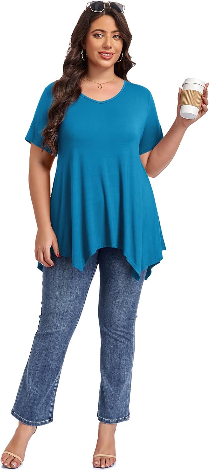 LARACE Plus Size Tops for Womens Summer Clothes Short Sleeve Shirts Casual V Neck Tunic Asymmetrical Blouses - Image 5