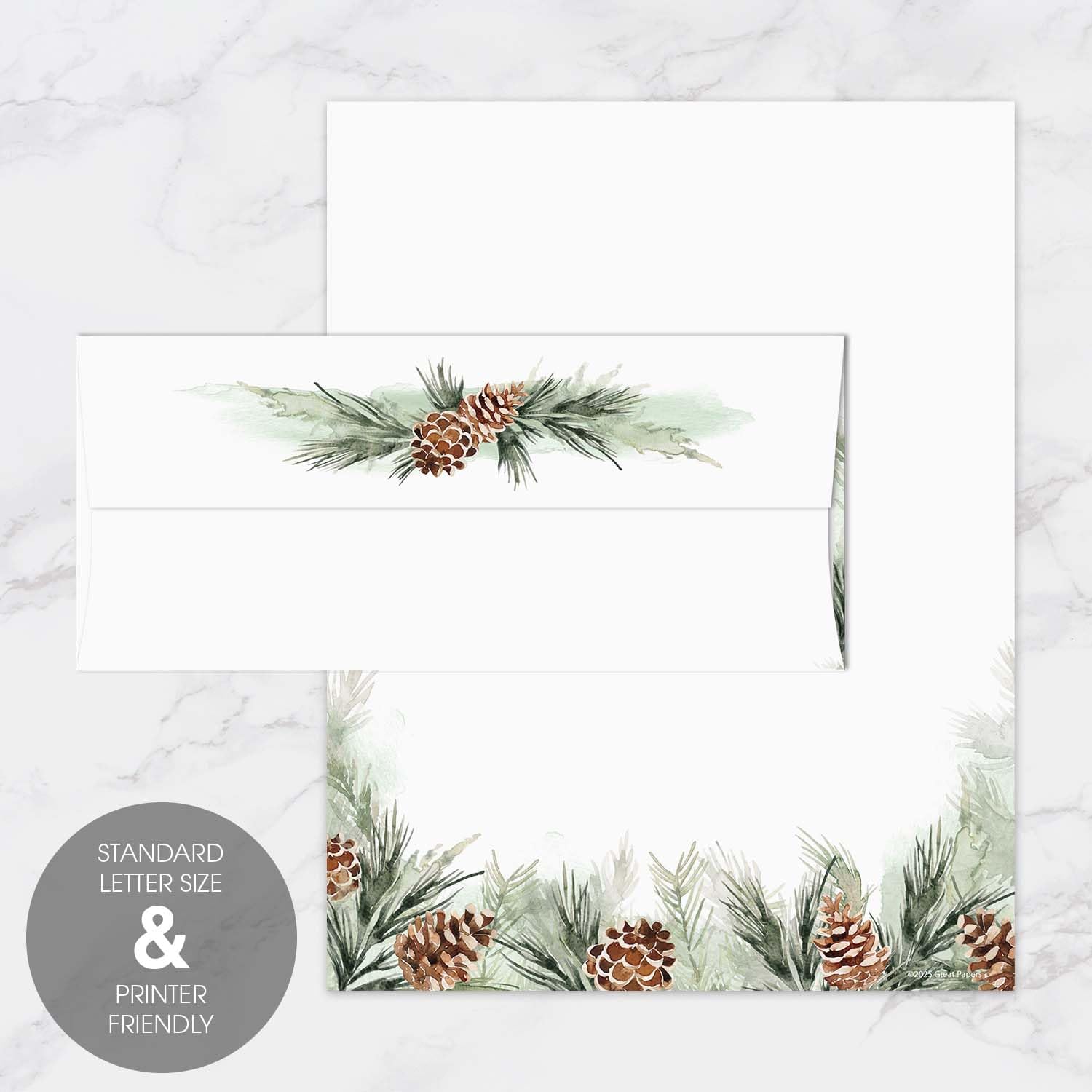 Pinecone And Sprig Holiday Letterhead With Envelopes / 40 Decorative Classic Christmas Tree Paper Sheets With Matching Envelopes / 8.5" x 11" Watercolor Winter Evergreen Greenery Pine Cone Stationery