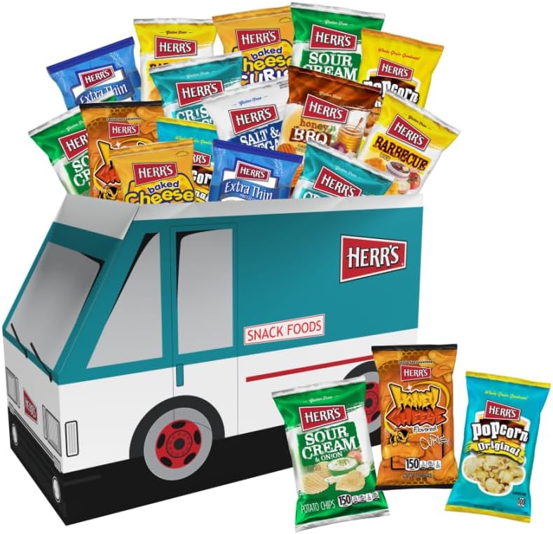 - Herr's Variety Snack Truck Box, Assorted Flavors, 42-Pack - Crisp 'N Tasty, Barbecue, Sour Cream & Onion Potato Chips, Cheese Curls, Pretzels, Popcorn & More