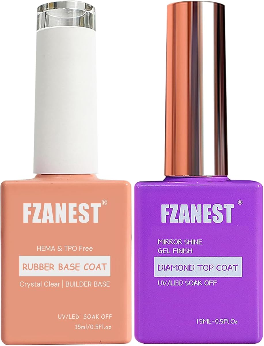 FZANEST Hema Tpo-Free Rubber Builder Gel Base Coat and Diamond Top Coat Gel Nail Polish Set Long Lasting Ultra Shine Top and Base for Nail Strengthener Extension Protection Repair Building Aprex