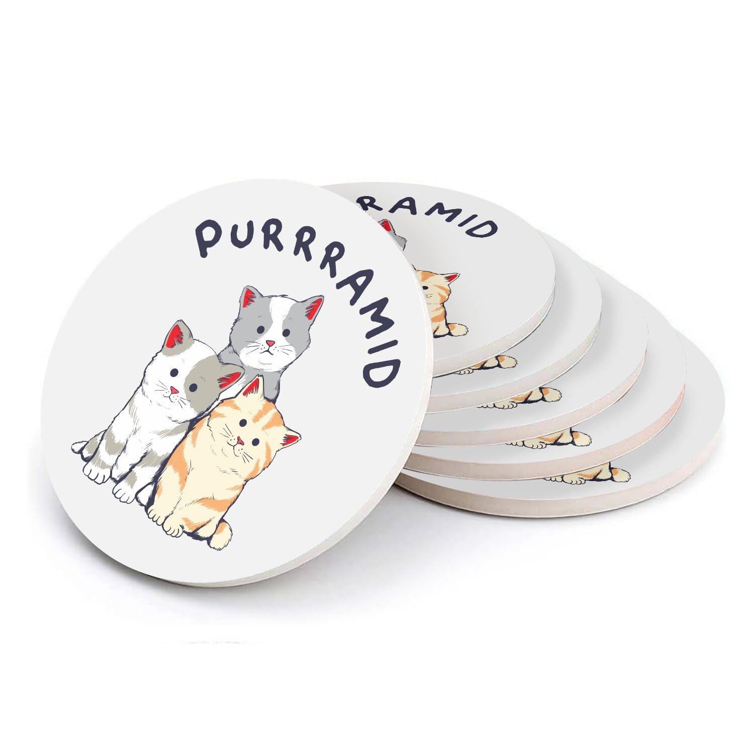 Sous-verre ronds en céramique Purrramid | Lot de 6 dessous de verre design chat mignon