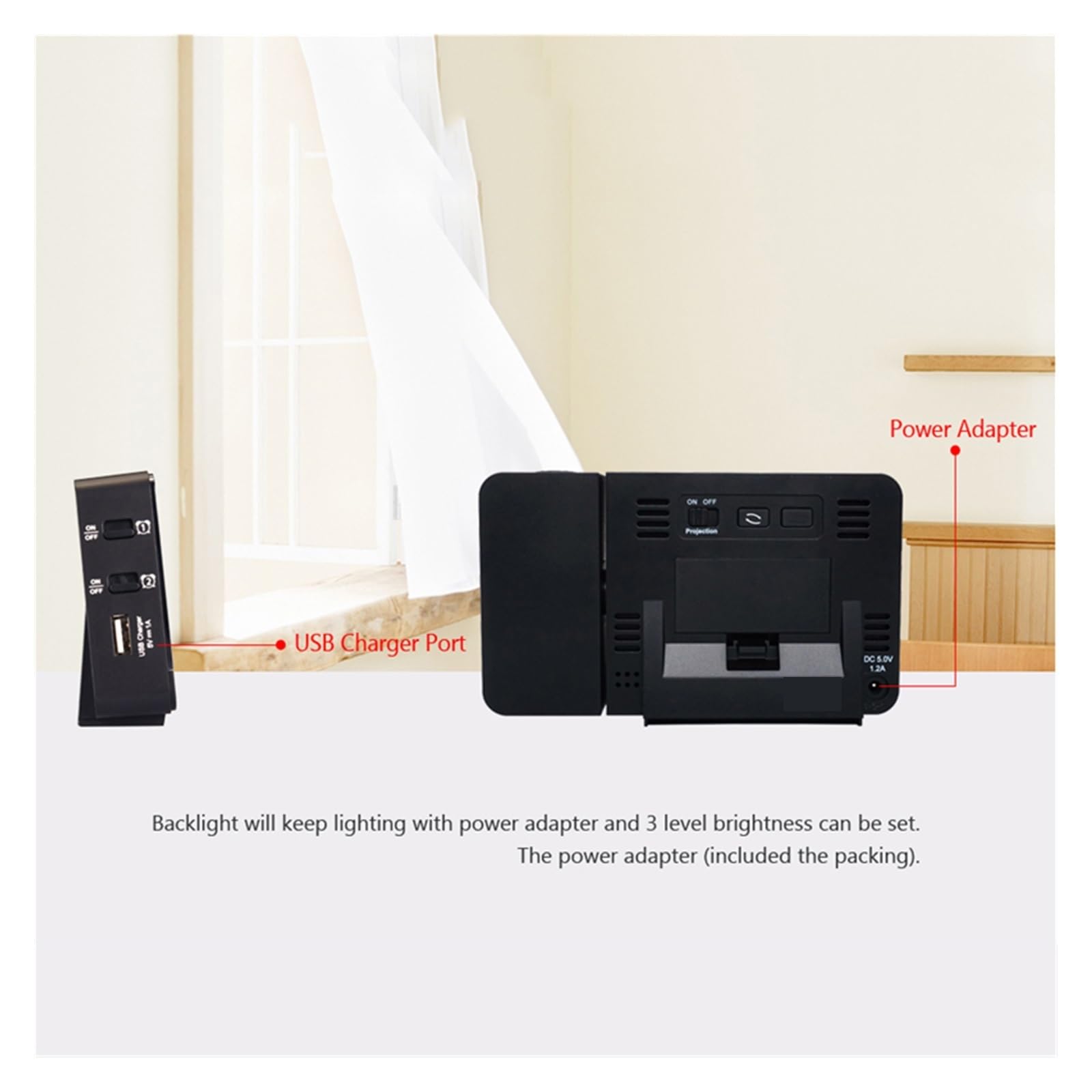 Cyfrowy Projektor Budzik LED Elektroniczny Stół Drzemka Podświetlenie Temperatura Wilgotność Biurko Zegar Z Projekcją Czasu WyraźNy Obraz(Black)