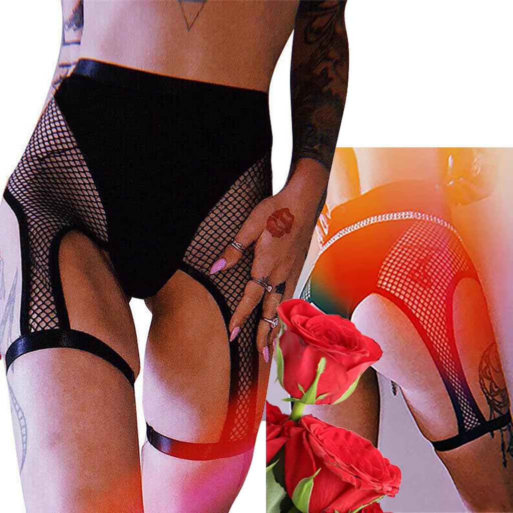 Shorts Mujer de Rejillas con Ligas Short Sexy de Malla Cintura Alta Pantalones Cortos Elásticos y Transparente Negro Ropa Pantalón Deportiva con Arnés de Pierna para Danza en Barra Club